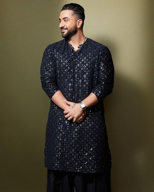 ALI BLACK MIRROR WORK KURTA AND PAJAMA