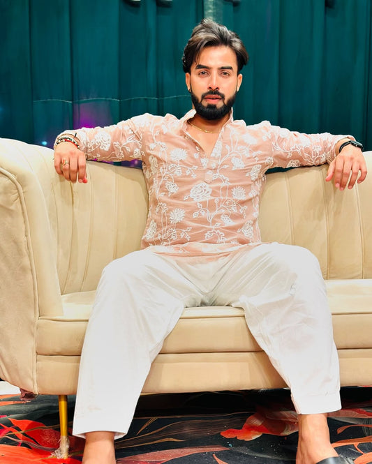 Pinkish Tan Embroidered Work Men's Kurta with Pajama