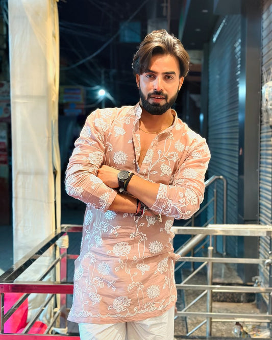 Pinkish Tan Embroidered Work Men's Kurta with Pajama