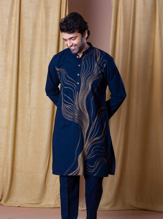 NAVY BLUE DESIGNER EMBRODARY WORK KURTA AND PAJAMA SET