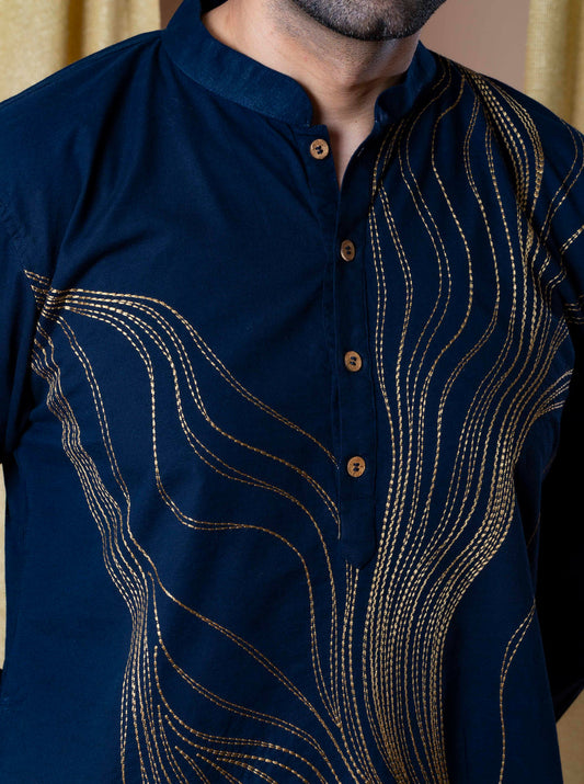 NAVY BLUE DESIGNER EMBRODARY WORK KURTA AND PAJAMA SET