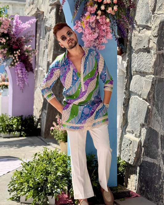 MULTI COLOURED BADHANI EMBROIDERED WORK PRINTED KURTA AND PAJAMA