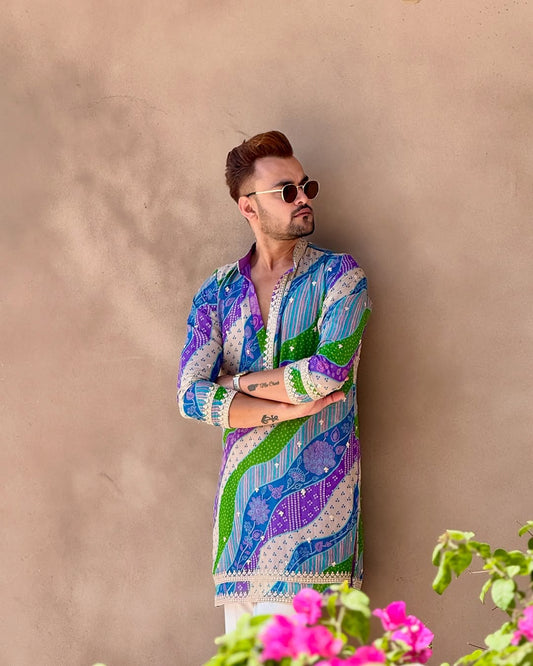 MULTI COLOURED BADHANI EMBROIDERED WORK PRINTED KURTA AND PAJAMA