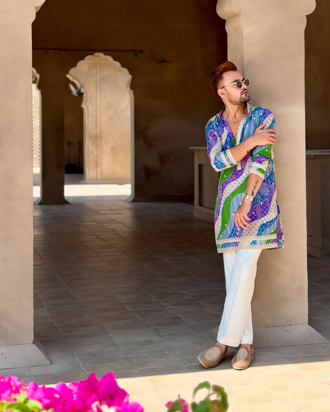 MULTI COLOURED BADHANI EMBROIDERED WORK PRINTED KURTA AND PAJAMA
