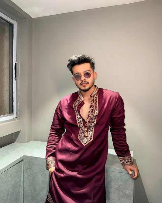 MAROON RIYAZ NECK EMBROIDERED MEN'S KURTA WITH PAJAMA SET