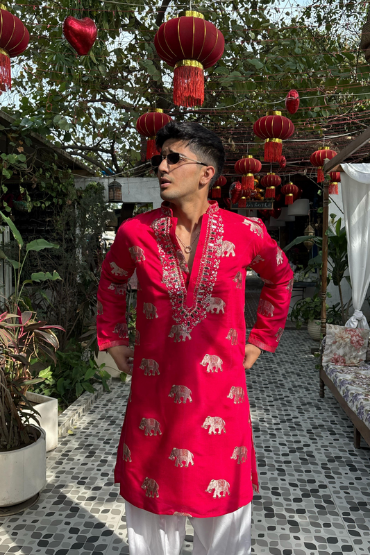 PINK RED ELEPHANT NECK EMBROIDERED WORK KURTA PAUJAMA SET FOR MEN'S