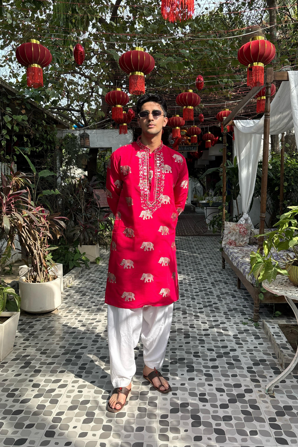 PINK RED ELEPHANT NECK EMBROIDERED WORK KURTA PAUJAMA SET FOR MEN'S