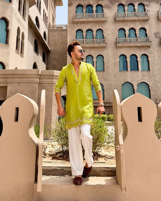 Olive Yellow EMBROIDERED MEN'S KURTA WITH PAJAMA SET