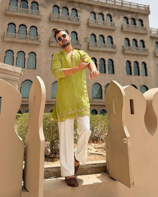 Olive Yellow EMBROIDERED MEN'S KURTA WITH PAJAMA SET