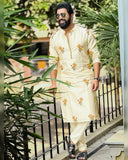 YELLOW CHANDERI PRINTED KURTA PAJAMA SET FOR MEN'S
