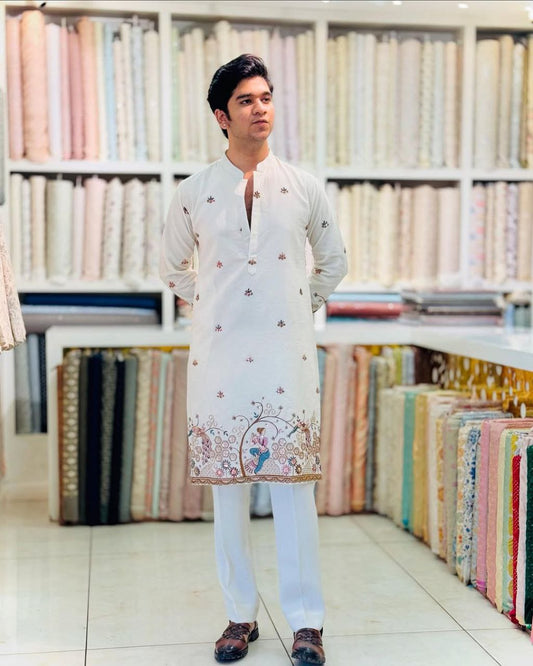 TREE N PEACOCK DAMAN PRINTED WORK KURTA PAJAMA SET FOR MEN'S