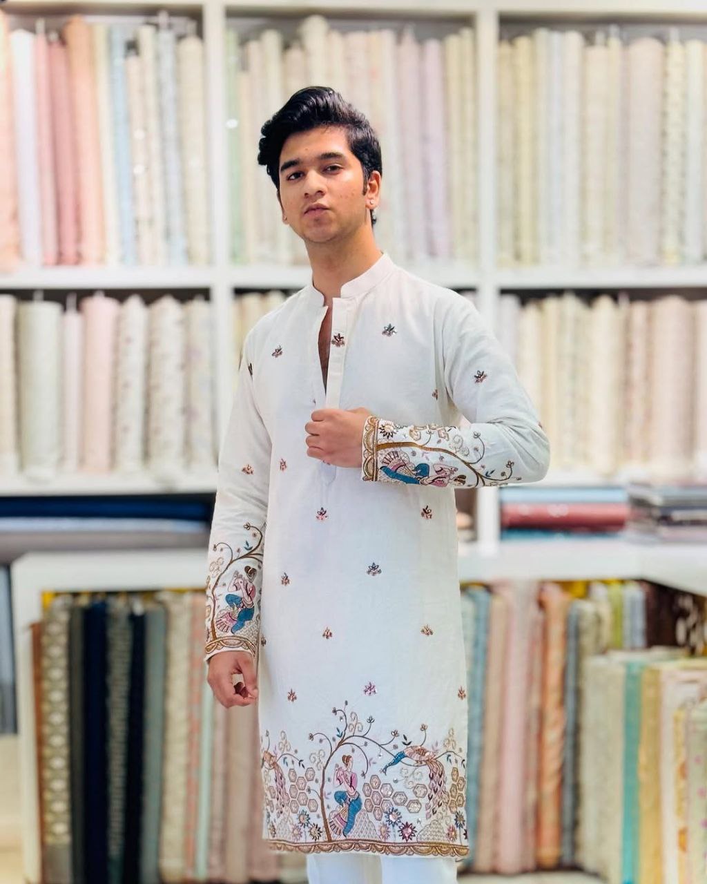 TREE N PEACOCK DAMAN PRINTED WORK KURTA PAJAMA SET FOR MEN'S