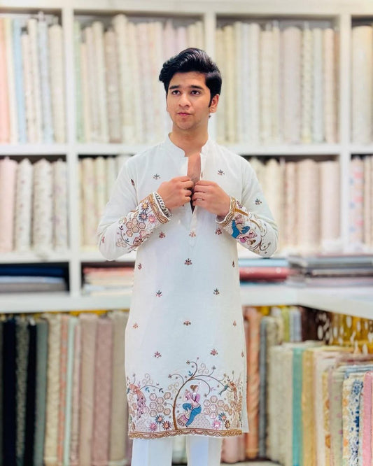 TREE N PEACOCK DAMAN PRINTED WORK KURTA PAJAMA SET FOR MEN'S