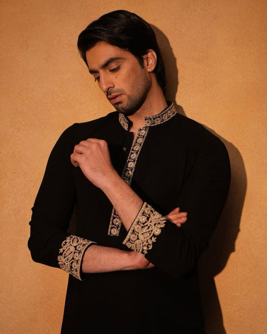 Black Neck Embroidered Hand Work Kurta With Paijama