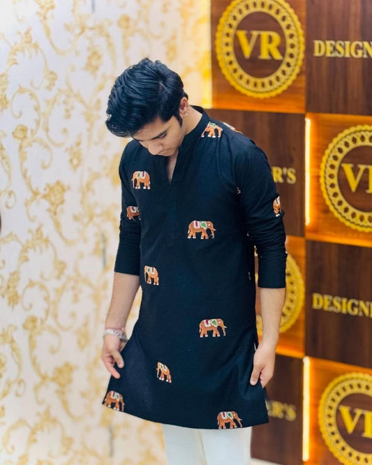 Blue Charcoal ELEPHANT Embroidered Work Men's Kurta with Pajama