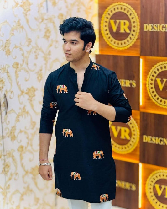 Blue Charcoal ELEPHANT Embroidered Work Men's Kurta with Pajama