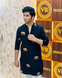 Blue Charcoal ELEPHANT Embroidered Work Men's Kurta with Pajama