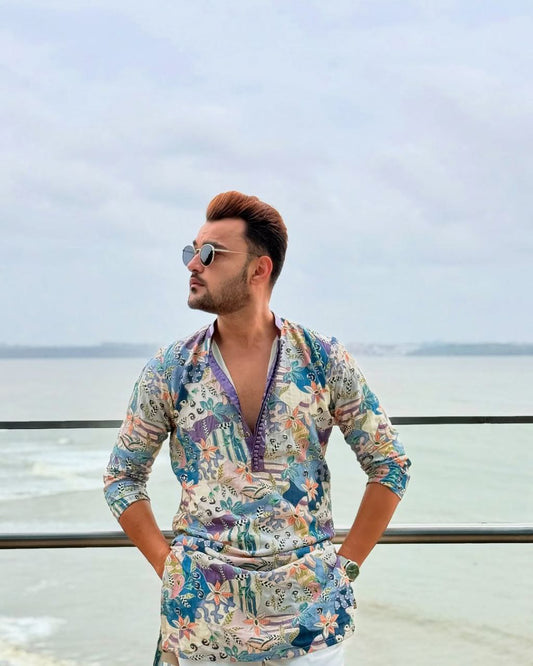 STOEM GREY MIX FLOWER PRINTED KURTA SET