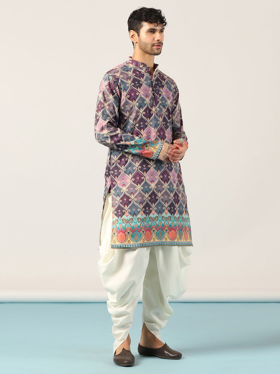 GREY PINK PRINTED KURTA AND PATIYALA SET