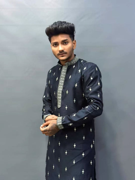 Black Embroidered SEQUIN WORK Men's Kurta with Pajama
