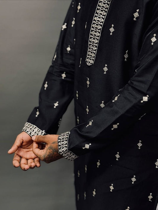 Black Embroidered SEQUIN WORK Men's Kurta with Pajama