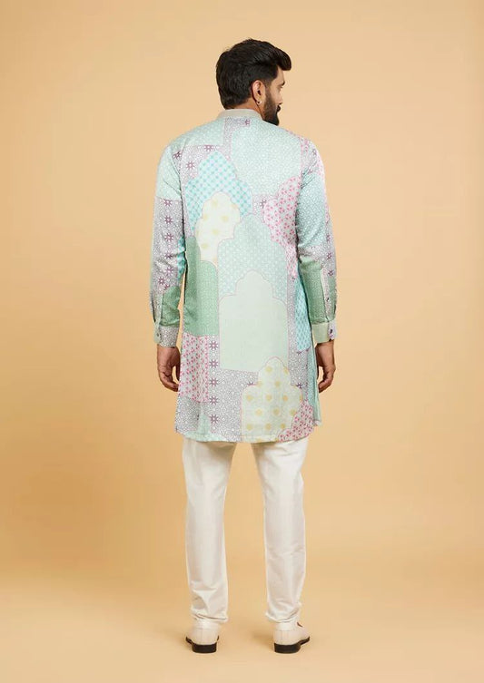 POWDER ASH PRINTED WORK KURTA PAJAMA SET FOR MEN'S