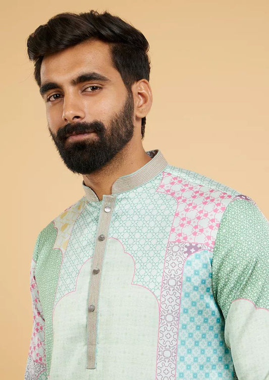 POWDER ASH PRINTED WORK KURTA PAJAMA SET FOR MEN'S