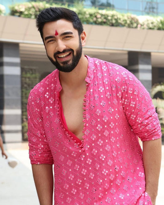 HOT PINK MIRROR WORK  KURTA AND PAJAMA