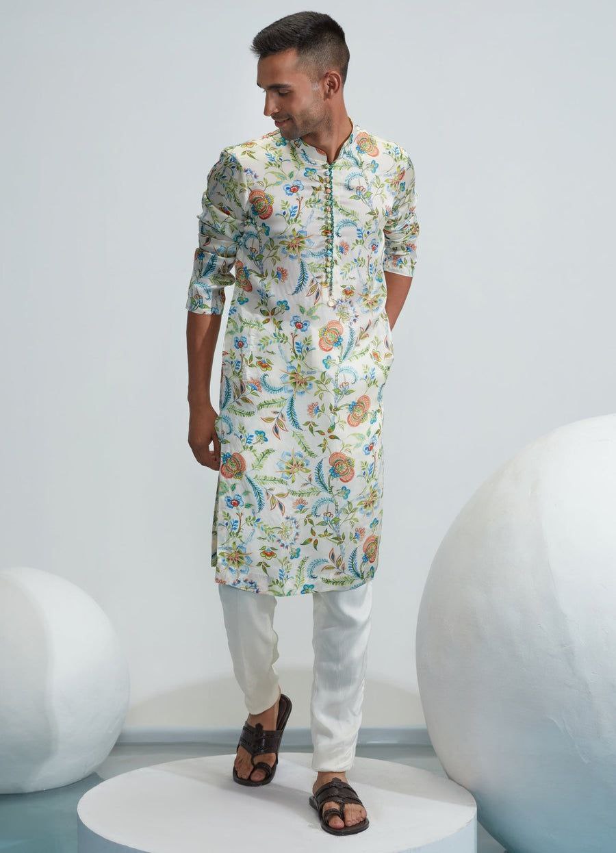 LIGHT GREY PRINTED WORK KURTA PAJAMA SET FOR MEN'S