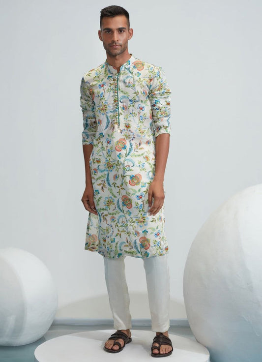 LIGHT GREY PRINTED WORK KURTA PAJAMA SET FOR MEN'S