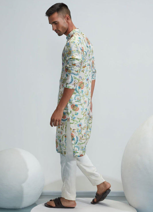 LIGHT GREY PRINTED WORK KURTA PAJAMA SET FOR MEN'S