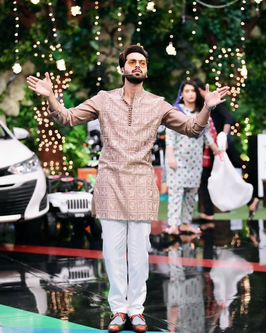 OYSTER PINK Embroidered Work Men's Kurta with Pajama