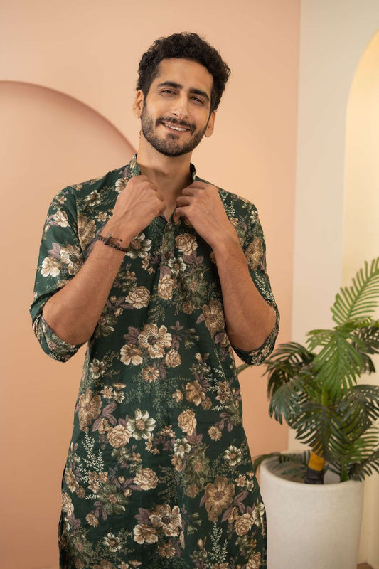 LUNAR GREEN PRINTED WORK KURTA PAJAMA SET FOR MEN'S