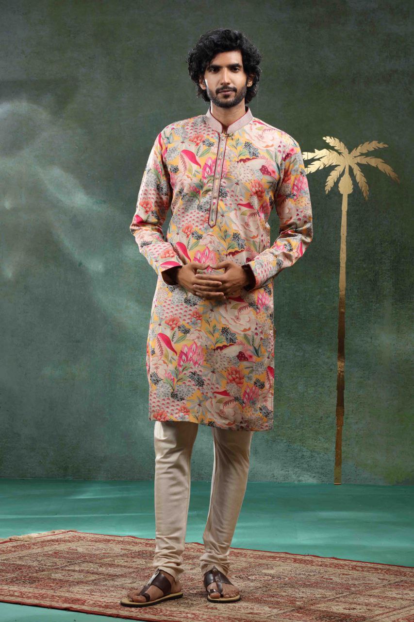 MIX FLOWER PRINTED WORK KURTA PAJAMA SET FOR MEN'S