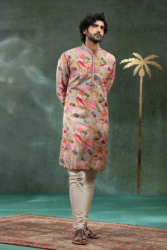 MIX FLOWER PRINTED WORK KURTA PAJAMA SET FOR MEN'S