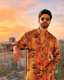 YELLOW AND RED FLOWER PRINTED WORK KURTA PAJAMA SET FOR MEN'S