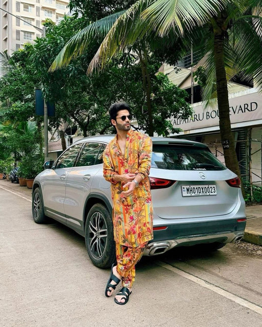 YELLOW AND RED FLOWER PRINTED WORK KURTA PAJAMA SET FOR MEN'S