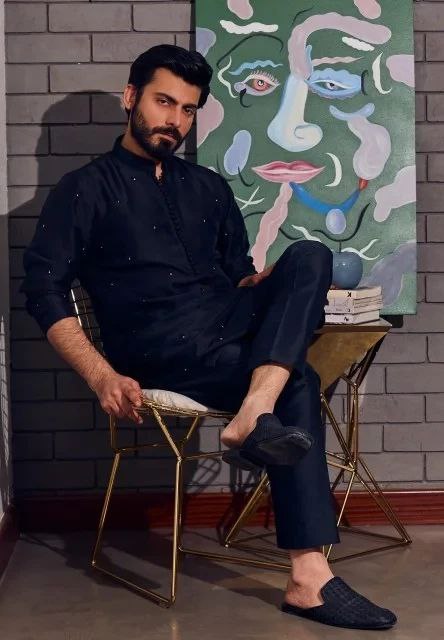 OXFORD BLUE RAW SILK WHITE THREAD EMBROIDERED KURTA WITH PAJAMA FOR MENS