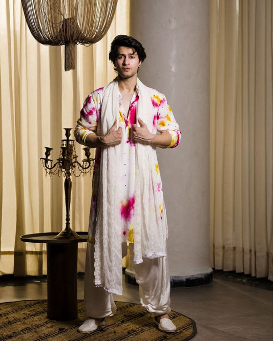 MULTI COLOURED MIRROR WORK PRINTED KURTA, PAJAMA and DUPATA