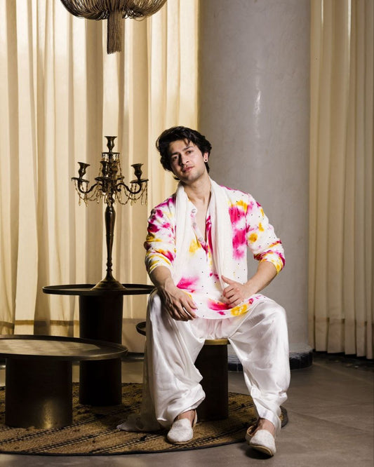 MULTI COLOURED MIRROR WORK PRINTED KURTA, PAJAMA and DUPATA