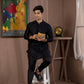 BLACK HUMMING BIRDS EMBRODRY KURTA WITH WHITE PAJAMA