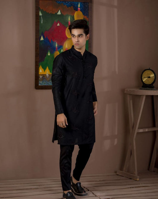 BLACK HUMMING BIRDS EMBRODRY KURTA WITH WHITE PAJAMA