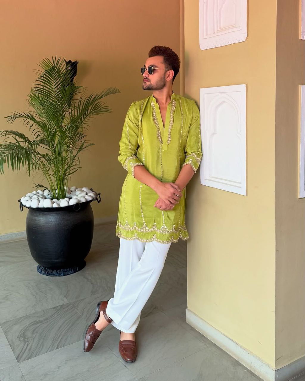 Olive Yellow EMBROIDERED MEN'S KURTA WITH PAJAMA SET