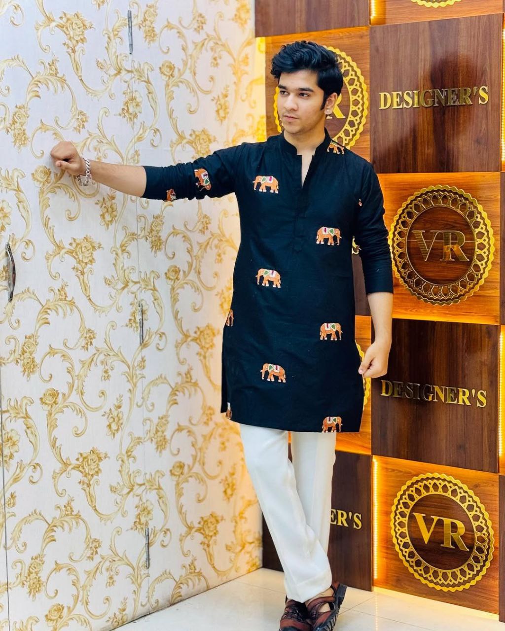 Blue Charcoal ELEPHANT Embroidered Work Men's Kurta with Pajama