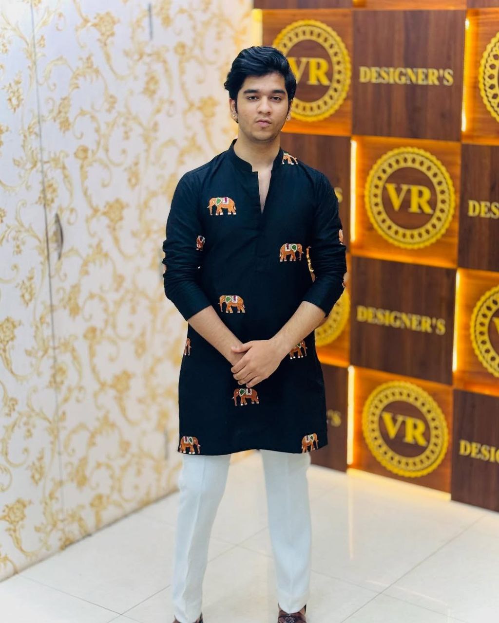 Blue Charcoal ELEPHANT Embroidered Work Men's Kurta with Pajama