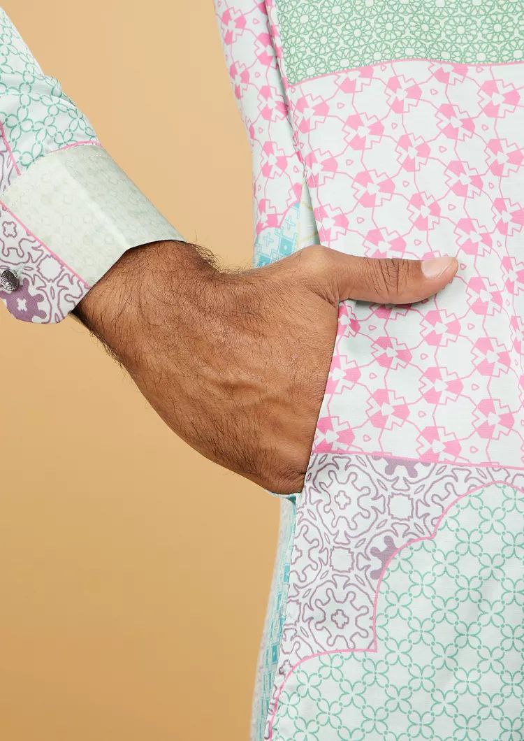 POWDER ASH PRINTED WORK KURTA PAJAMA SET FOR MEN'S