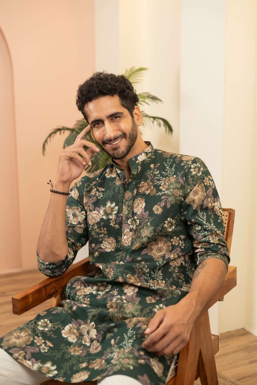 LUNAR GREEN PRINTED WORK KURTA PAJAMA SET FOR MEN'S