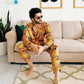 YELLOW AND RED FLOWER PRINTED WORK KURTA PAJAMA SET FOR MEN'S
