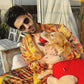 YELLOW AND RED FLOWER PRINTED WORK KURTA PAJAMA SET FOR MEN'S