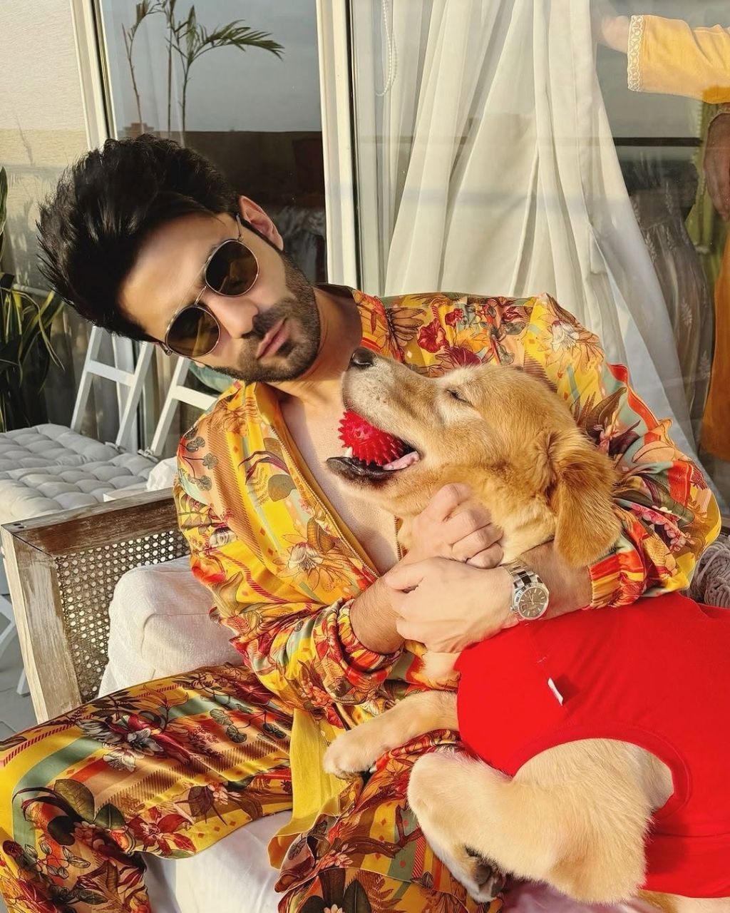 YELLOW AND RED FLOWER PRINTED WORK KURTA PAJAMA SET FOR MEN'S